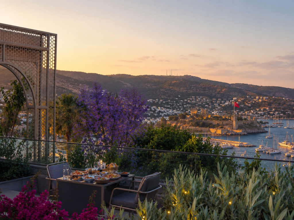 Afitap Meyhane Bodrum Kalesi manzaralı lüks teras restoranı, romantik akşam atmosferi, şık masa düzeni, Türk mezeleri ve Bodrum Marina panoraması.