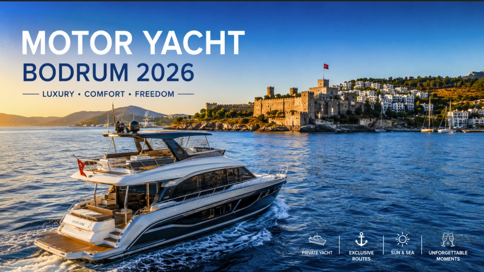 BODRUM MOTOR YAT KİRALAMA 2026 lüks motor yatın Bodrum Kalesi yakınlarında mavi denizde seyir yaptığı VIP yat kiralama görseli.
