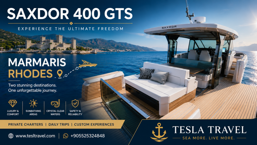 Alt Text:
SAXDOR 400 GTS Marmaris ve Bodrum koylarında lüks, hızlı ve modern özel yat deneyimi sunan premium motor yat SAXDOR 400 GTS