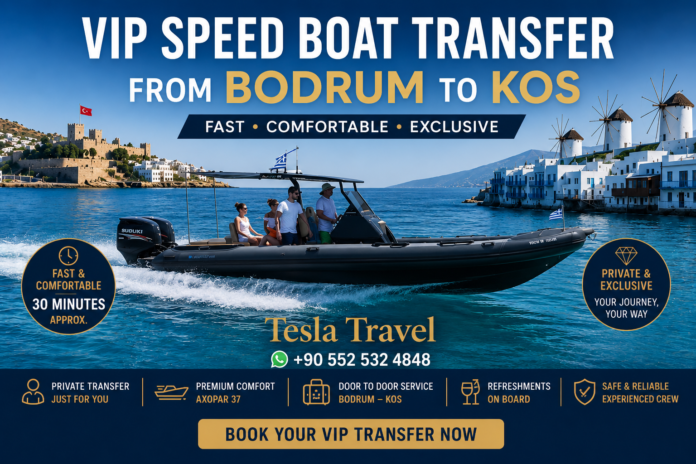 Tesla Travel ile Bodrum’dan Kos’a VIP özel hızlı tekne transferi yapan lüks speed boat, turkuaz Ege Denizi üzerinde konforlu ve hızlı yolculuk sunuyor.