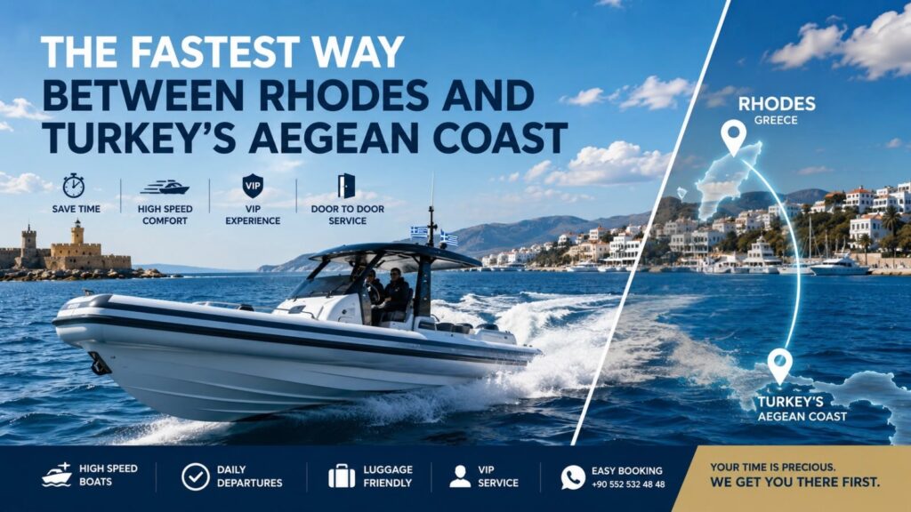 Rodos ile Türkiye Ege Kıyısı Arasındaki En Hızlı Ulaşım Yolu özel sürat teknesi ile Rodos'tan Bodrum, Marmaris ve Fethiye'ye hızlı, konforlu ve VIP deniz transferi.