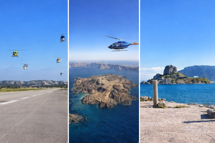 Private helicopter transfer from Kos Island to Mykonos Santorini Greek islands aerial view Aegean Sea