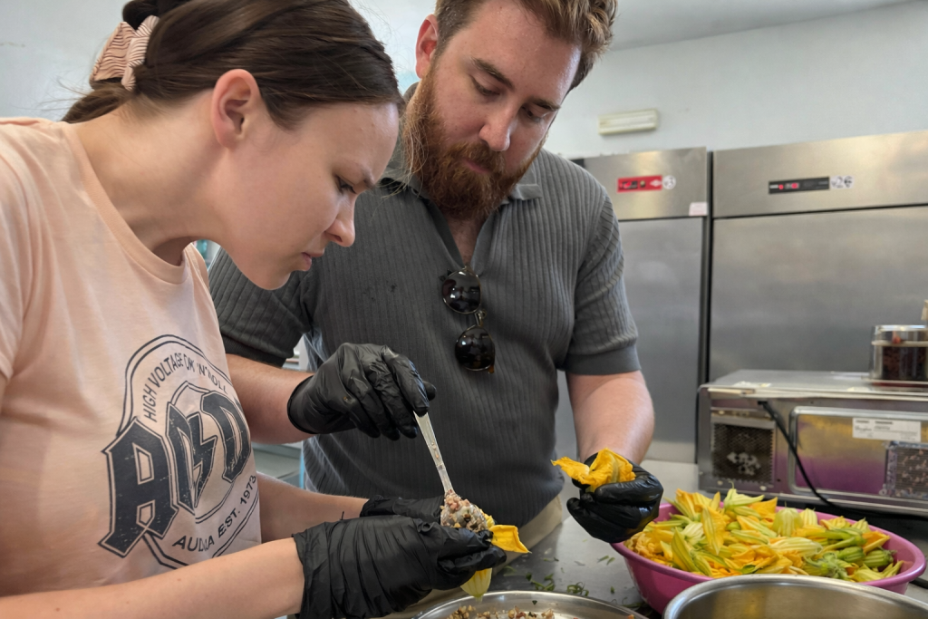 Kos cooking classes preparing stuffed zucchini flowers traditional Greek recipe hands on cooking experience Kos Greece local food workshop