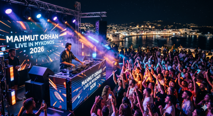 Mahmut Orhan Mykonos Concerts 2026 luxury beach party event in Mykonos with DJ stage, sunset crowd, VIP atmosphere and helicopter transfer from Bodrum by Tesla Travel