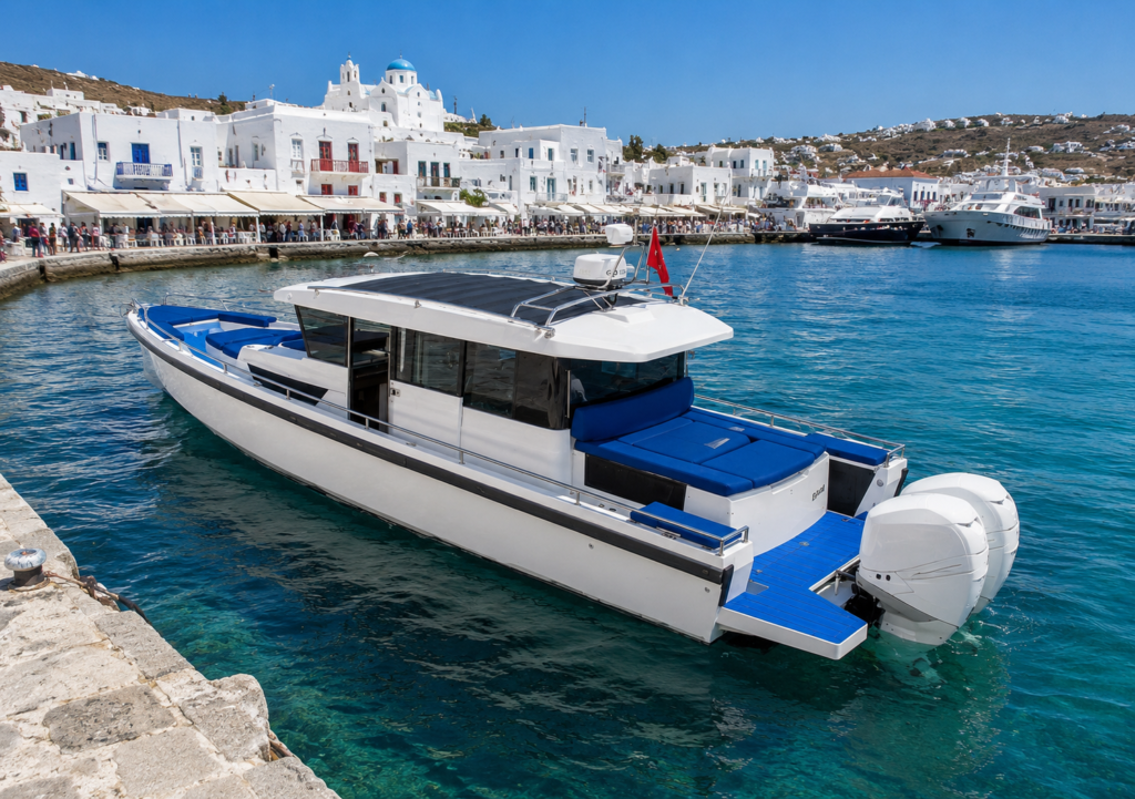 BODRUM TO MYKONOS BY AXOPAR 37 luxury private speedboat transfer cruising across the Aegean Sea with premium cabin comfort, offshore performance, and VIP international sea transportation between Turkey and Greece.