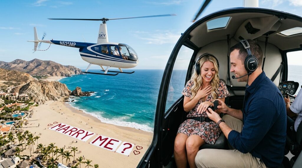 Helicopter Marriage Proposal in Bodrum with a luxury helicopter flying above the Aegean coastline while a romantic “Marry Me” setup is displayed on the ground during sunset, organized by Tesla Travel for unforgettable VIP proposal experiences.