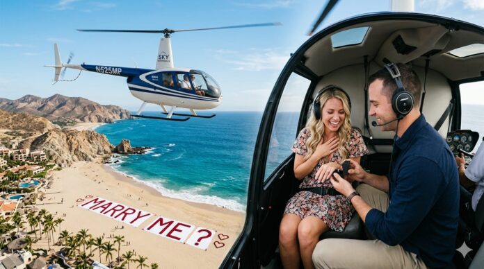 Helicopter Marriage Proposal in Bodrum with a luxury helicopter flying above the Aegean coastline while a romantic “Marry Me” setup is displayed on the ground during sunset, organized by Tesla Travel for unforgettable VIP proposal experiences.