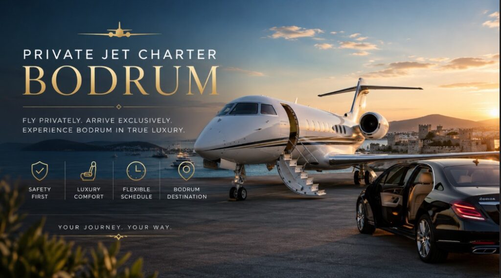 PRIVATE JET CHARTER BODRUM luxury private jet parked at Bodrum airport during sunset with VIP transfer service and exclusive travel experience in Turkey.