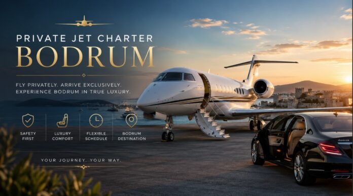 PRIVATE JET CHARTER BODRUM luxury private jet parked at Bodrum airport during sunset with VIP transfer service and exclusive travel experience in Turkey.