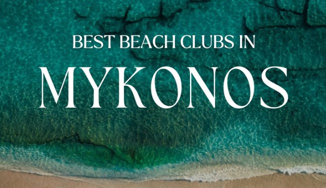THE BEST BEACH CLUBS IN MYKONOS 2026 luxury beach club atmosphere in Mykonos with elegant sunbeds, turquoise Aegean Sea, stylish cocktails, DJ music, luxury yachts, sunset party vibes, and premium summer holiday experience in Greece.