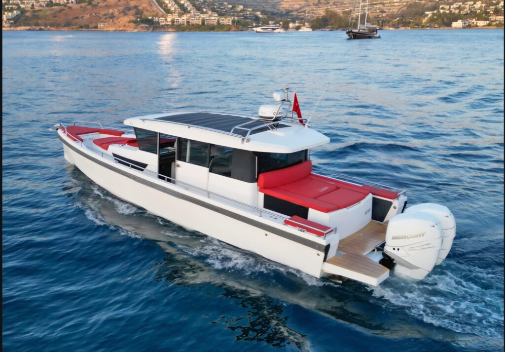 Tesla Travel Speed Boat Axopar 37 luxury private speedboat tour in Bodrum with VIP sea transfer and turquoise Aegean coastline