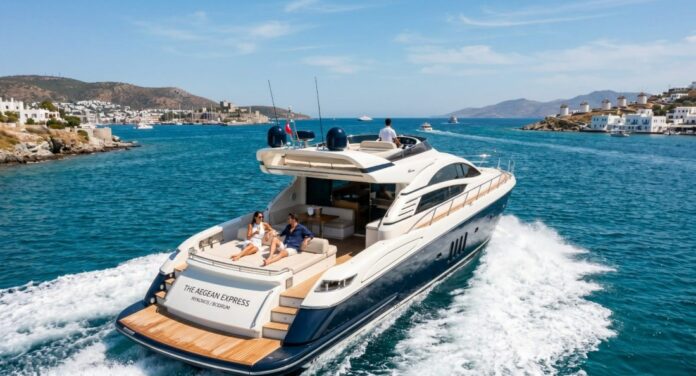 VIP Sea Transfer Between Bodrum and Mykonos luxury Axopar 37 speedboat cruising across the Aegean Sea between Turkey and Greece with premium cabin comfort, fast offshore performance, and exclusive private yacht transportation.