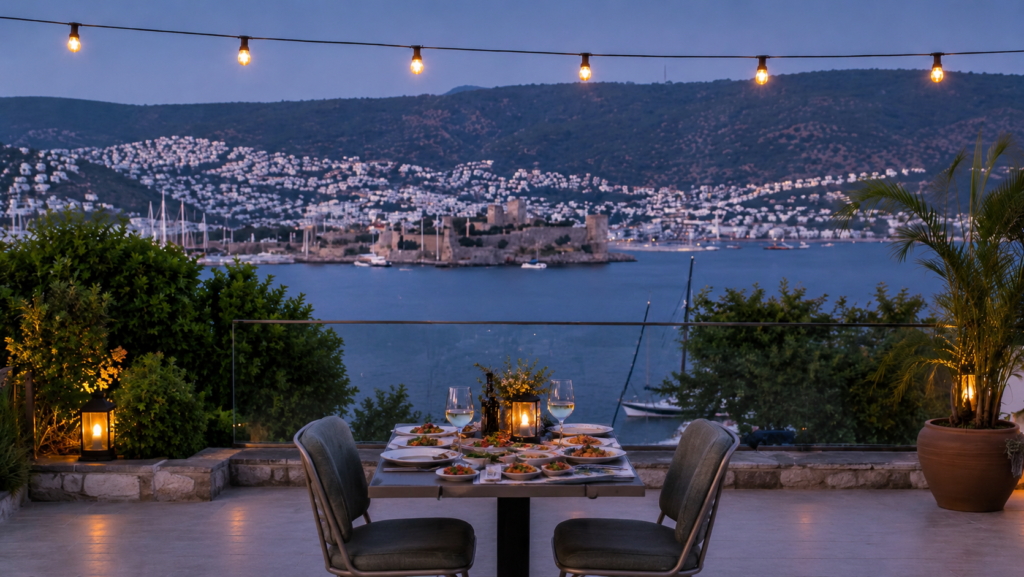 Afitap Meyhane Bodrum terrace dining area with panoramic Bodrum Castle view, romantic sunset atmosphere, elegant table setup, Turkish meze dishes, and luxury seaside restaurant ambiance overlooking Bodrum Marina.