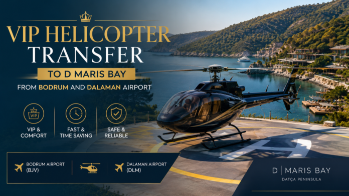 Bodrum and Dalaman Airport to D Maris Bay VIP helicopter transfer with luxury helicopter flying above the turquoise coastline and bays of the Datça Peninsula.