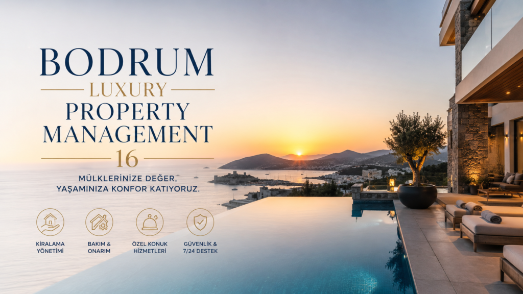 BODRUM LUXURY PROPERTY MANAGEMENT luxury villa with infinity pool overlooking Bodrum coastline at sunset, premium property management services, villa maintenance, concierge service, security support, luxury real estate lifestyle in Bodrum, www.teslatravel.com +90 552 532 48 48 BODRUM LUXURY PROPERTY MANAGEMENT