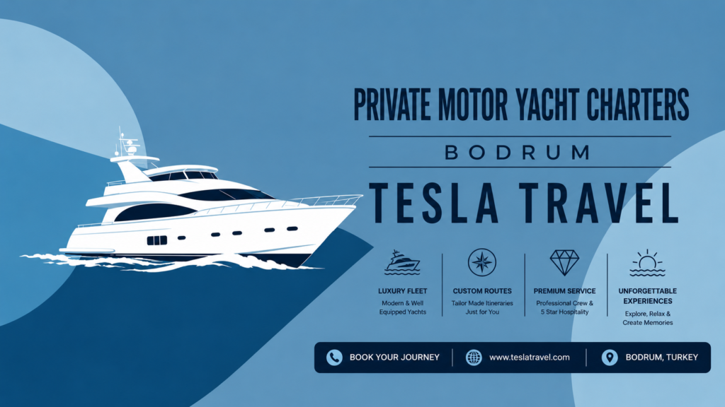 Tesla Travel Motor Yacht Bodrum 2026 luxury yacht charter advertisement showing a modern VIP motor yacht cruising near Bodrum Castle with sunset sea views and premium holiday atmosphere.