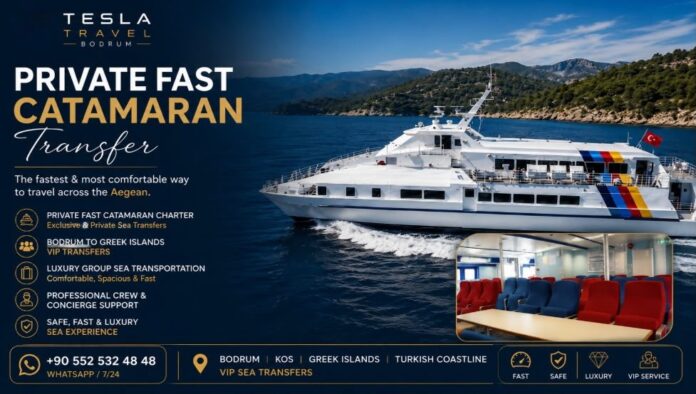 VIP Fast Catamaran & Private Speed Boat Transfer luxury sea transportation service in Bodrum featuring modern fast catamaran and private speed boat transfers between Bodrum, Kos, and Greek Islands with Tesla Travel VIP marine services.