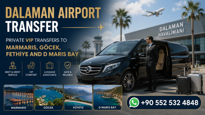 Luxury Dalaman Airport Transfer with a VIP Mercedes-Benz vehicle and professional chauffeur in front of Dalaman Airport. Premium private transfers to Marmaris, Göcek, Fethiye, and D Maris Bay with meet-and-greet service, luggage assistance, and luxury transportation.