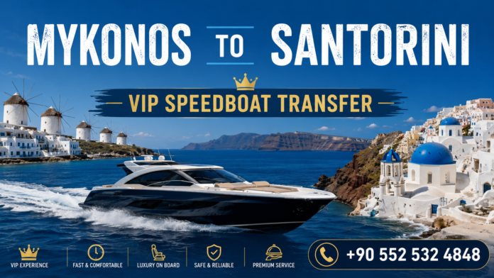 MYKONOS TO SANTORINI VIP SPEEDBOAT TRANSFER featuring a luxury high-speed motorboat cruising across the Aegean Sea between Mykonos and Santorini, with iconic Mykonos windmills, Santorini's whitewashed cliffside villages, crystal-clear blue waters, and premium private sea transfer service for VIP travelers.