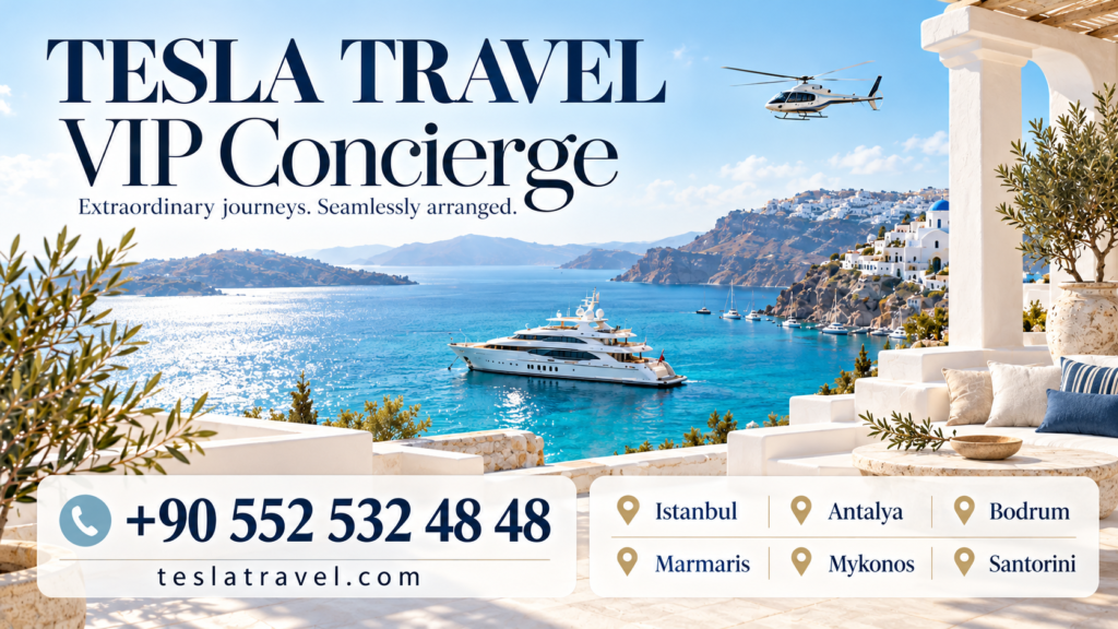 Tesla Travel VIP Concierge luxury yacht and helicopter overlooking the Aegean Sea, with contact number +90 552 532 4848.